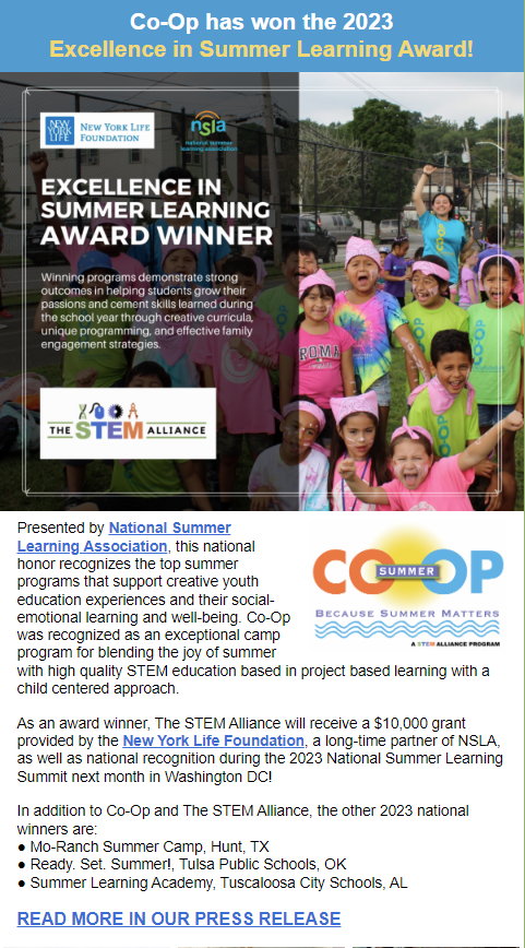 Summer Co-Op Wins Excellence in Summer Learning Award PNG